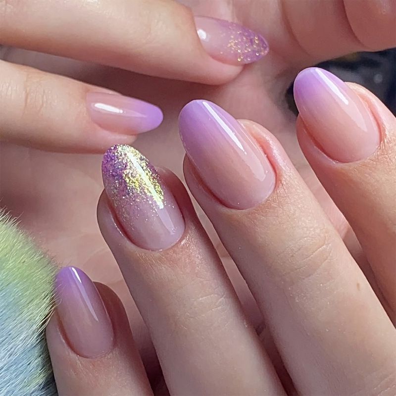 Purple Gradient Temperament Nail Art Gold Glitter Advanced Sense Wear Armor Short Round Repeatable Wearable Armor Wholesale