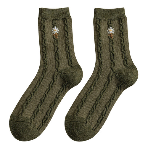 Wool socks women's mid-calf socks autumn and winter ins trendy Japanese internet celebrity green thickened warm long tube flower socks