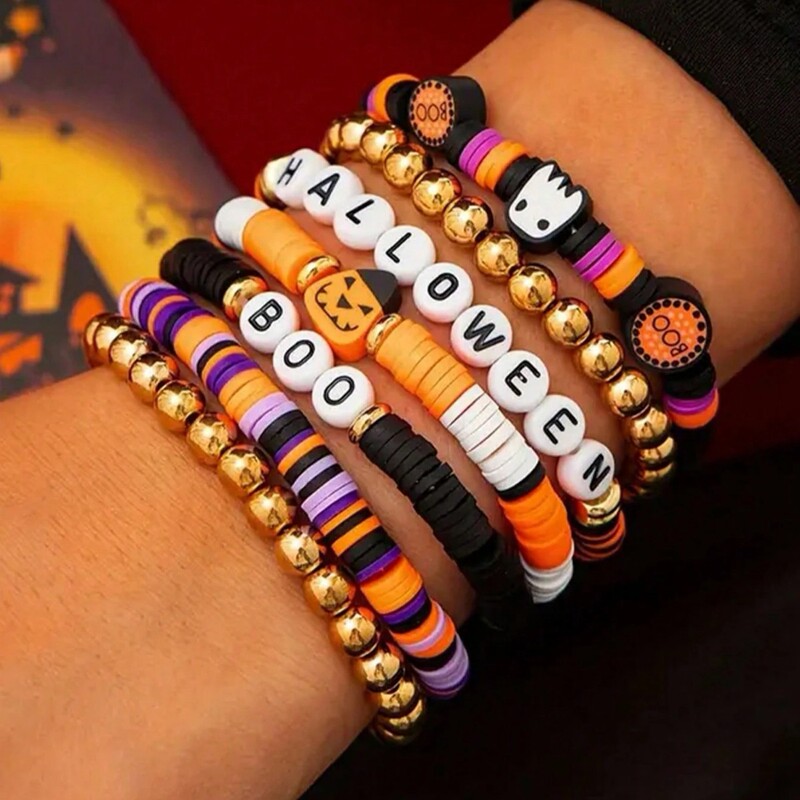 European and American Cross-Border Halloween Pumpkin Soft Pottery Bracelet Punk Gothic Style Stacked Letter Bracelets Wholesale