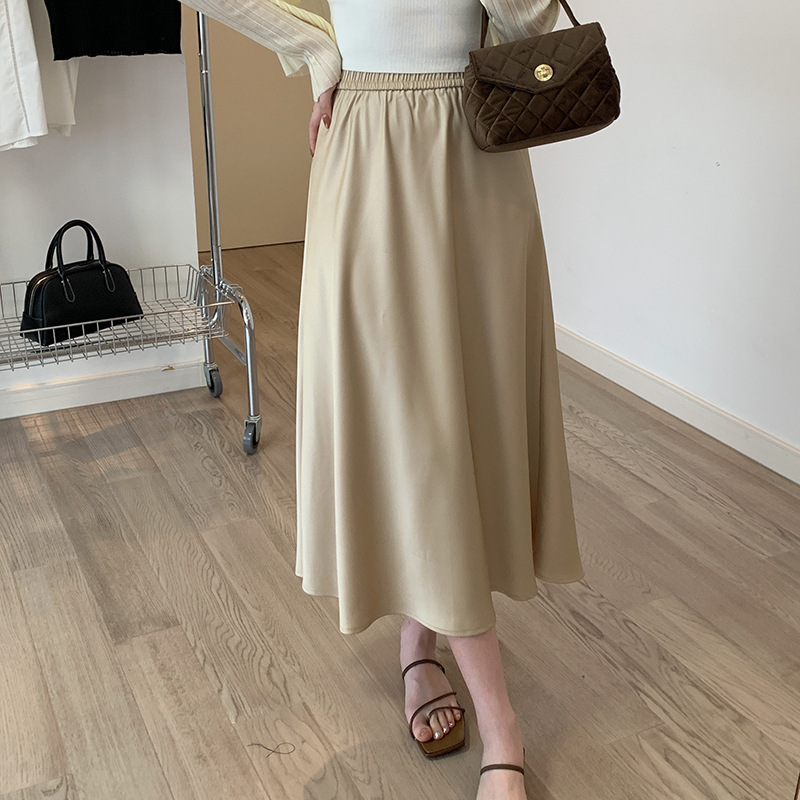 Black Imitation Acetic Acid Skirt Women's Summer Thin Vintage High-end High-waist Slimming Elegant Satin A- line Long Skirt