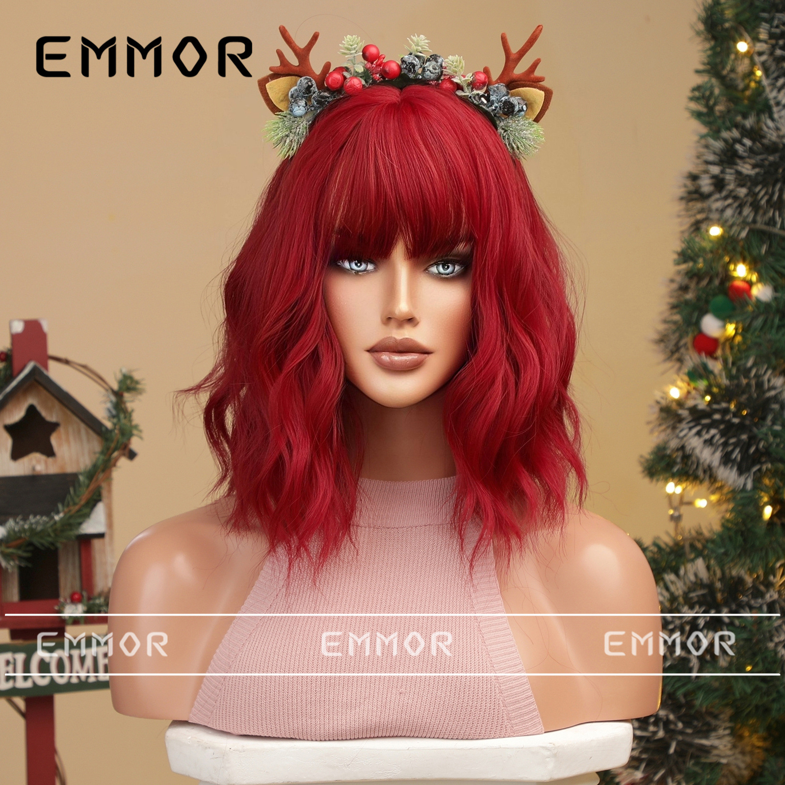 Navidad Halloween Cosplay Color Falso Qi flequillo pelo corto pelo rizado peluca bobo pelo completo