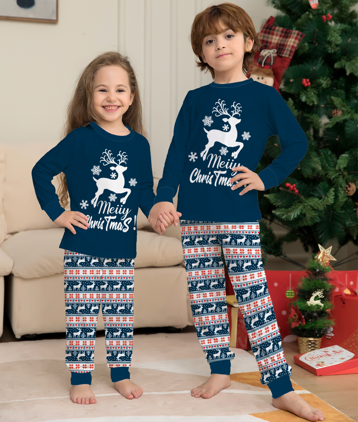 Cotton Blend, Polyester Fabric Type Home Occasion Christmas Fashion Deer Home Pajamas