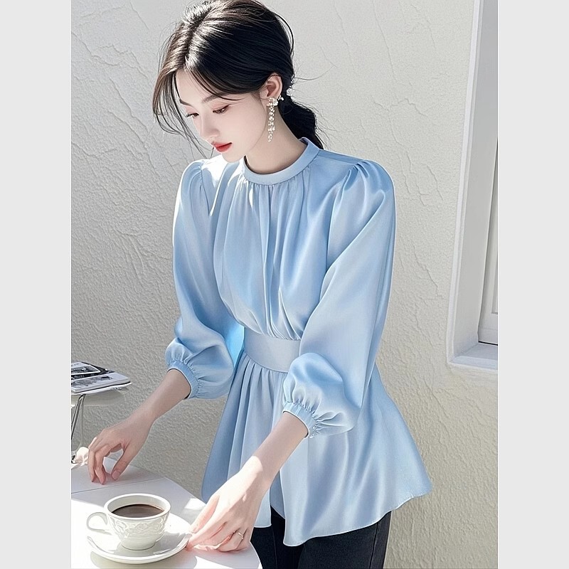 Shirt Women's 2025 Spring and Summer New Style High-End Accessible Luxury Unique Super Nice Elegant Waist Blue Satin Shirt