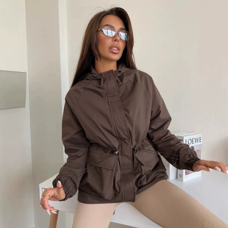 Cross-border women's hooded windbreaker with a cinched waist, drawstring waist, multiple pockets, dropped shoulders, loose fit, and windproof design, wholesale Cross-border women's hooded windbreaker with a cinched waist, drawstring waist, multiple pockets, dropped shoulders, loose fit, and windproof design, wholesale
