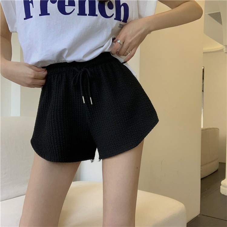 网红华夫格健身跑步短裤女夏薄款宽松休闲大码阔腿高腰运动热裤