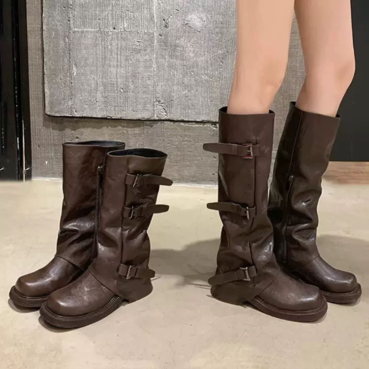 牛皮版~复古厚底裤管靴女2025新款小众设计长筒靴褶皱堆堆靴长靴