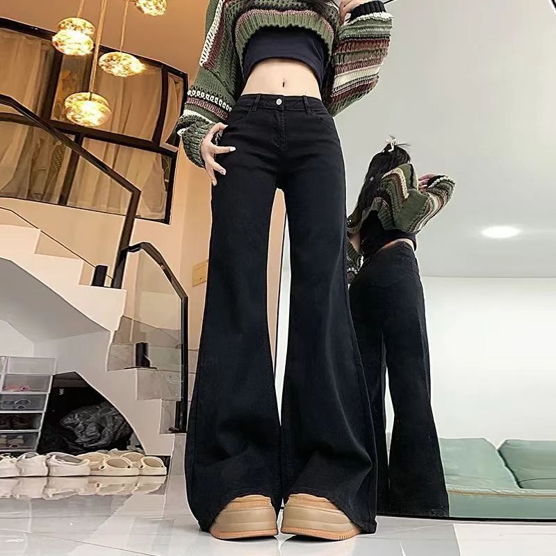 Black Flared Jeans for Women 2025 New Low-Waist Slim Petite Floor-Length Bootcut Pants Ins Trend