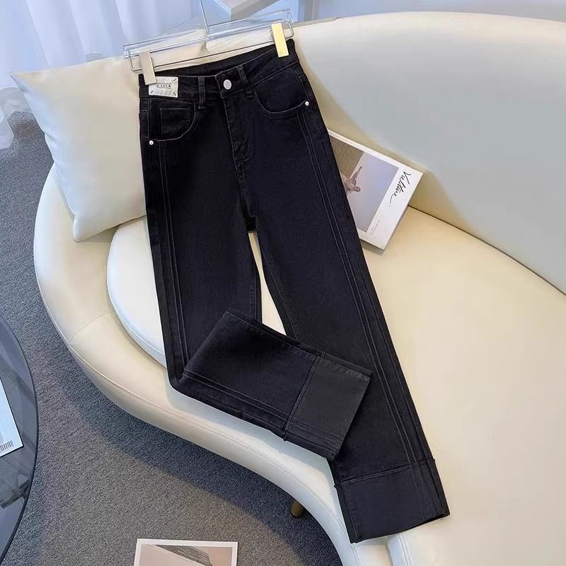 Black Smoke Tube Jeans Women's 2025 New Spring and Autumn Stretch Slim Fit Baguette Pants Cropped Straight Pants