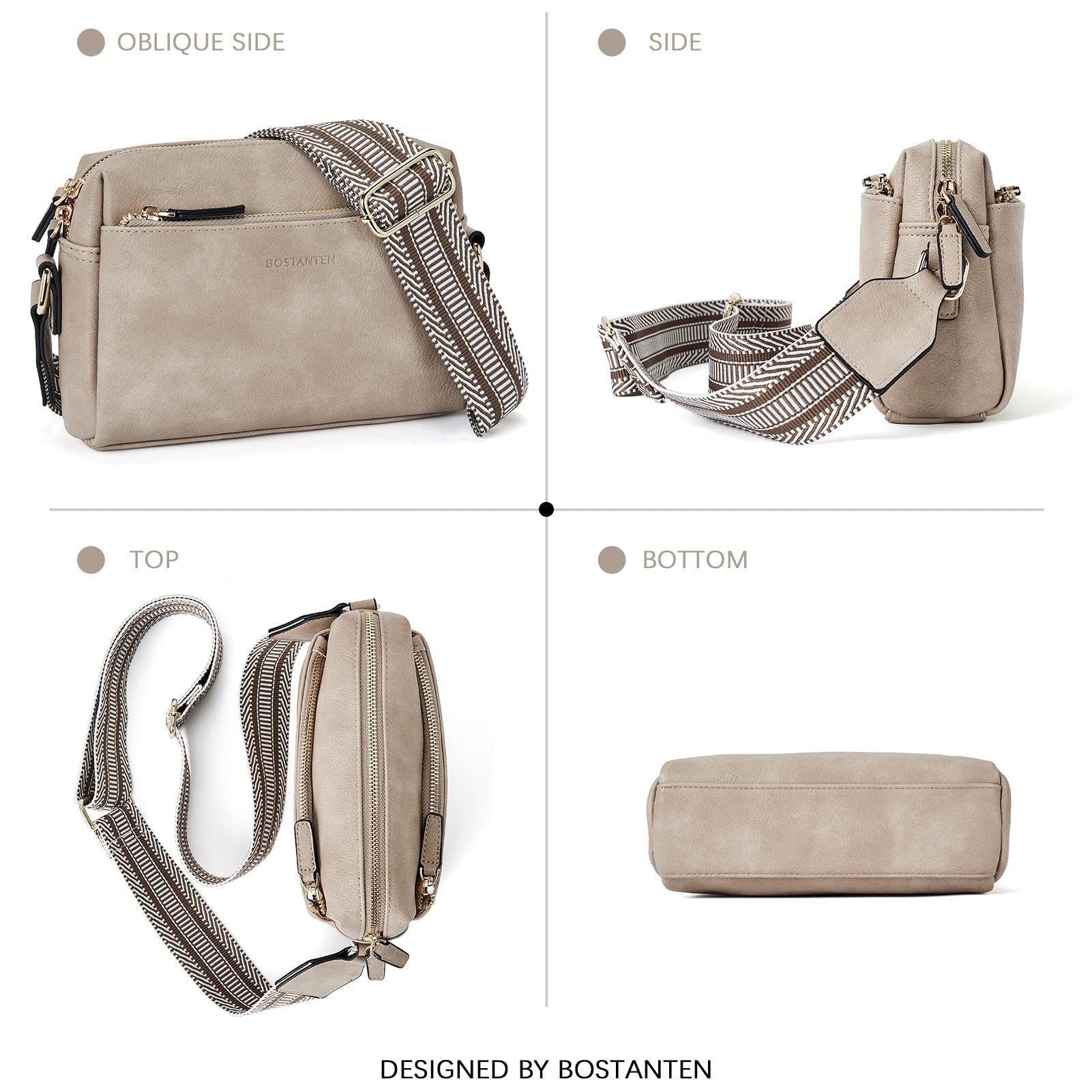 New women's small crossbody bag, three zippered mobile phone newspaper, leather small bag, colored shoulder strap single shoulder bag_voghion.com