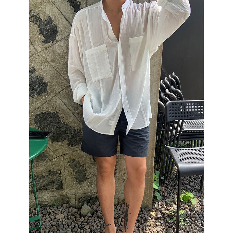 2025 Men's Pure Color Long-Sleeved Shirt Summer Thin Linen Loose High-End Shirt Design Light Jacket