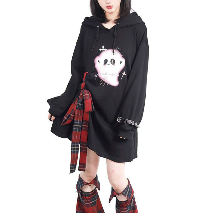 2024 Spring and Autumn Personality Niche Plaid Drawstring Top Design Little Ghost Hooded Cat Ear Sweatshirt
