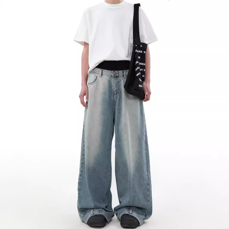 Vintage Hong Kong Style Youth Denim Trousers High Waist Straight All-match Casual Simple Design Men's Jeans Trendy
