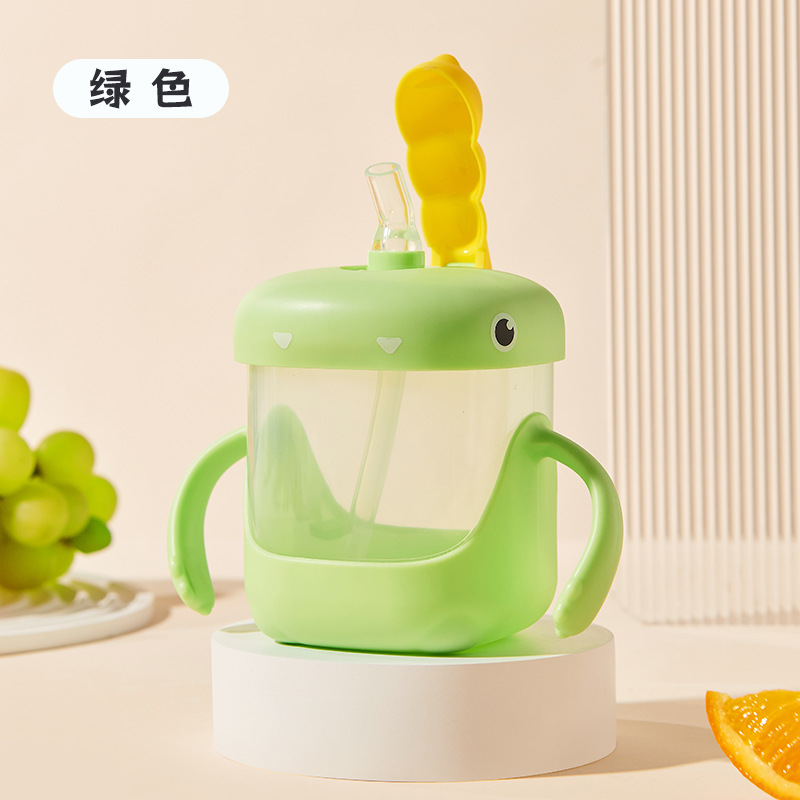 Dinosaurio de dibujos animados taza de aprendizaje infantil con mango, escala de jardín de infantes, taza de paja para bebés, taza de leche, regalo de leche