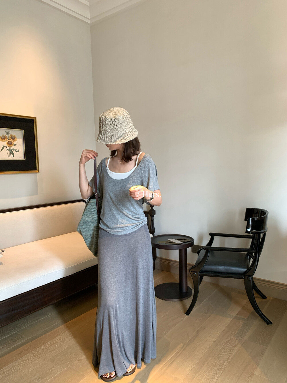 Áo thun tay ngắn cổ chữ U rộng kèm áo dây trong hai mảnh cho nữ dáng nhỏ — màu hồng, Trắng đen, màu xám chi tiết 27