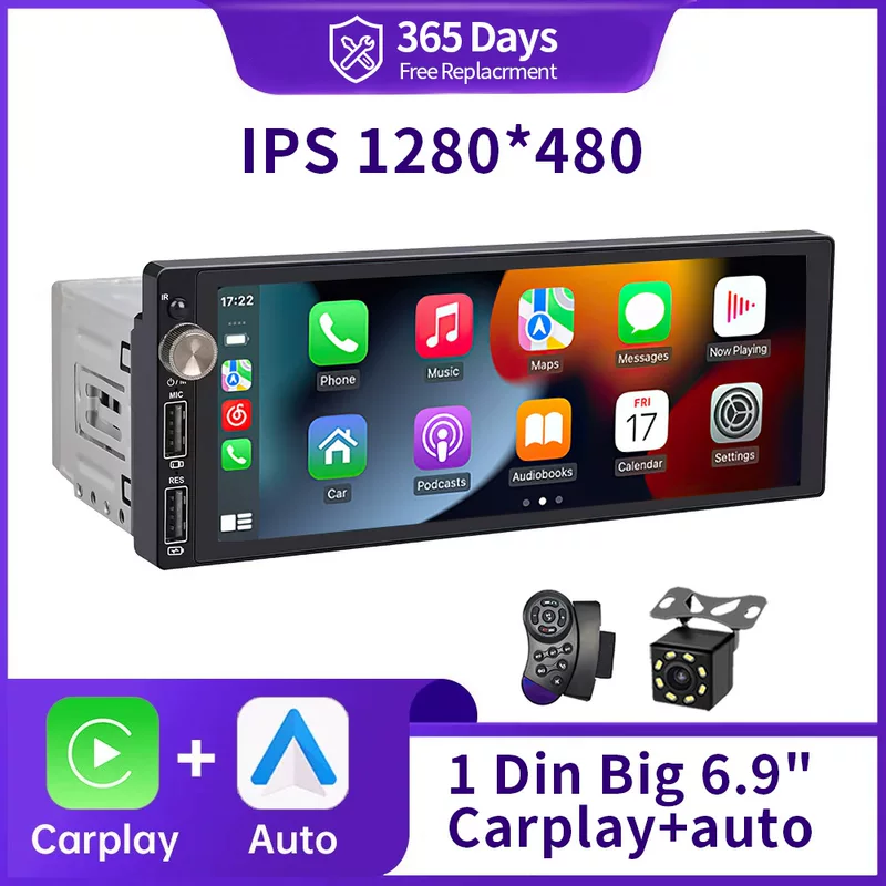 IPS 6.9-дюймовый 1Din Carplay Android автомобильная радиоприемник мультимедиа видео MP5 плеер