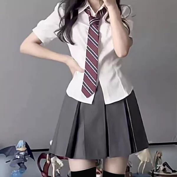 Set, brace, pleated skirt, tie, with short sleeve