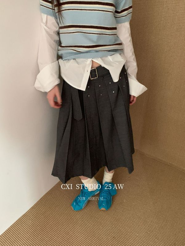 CXI美式复古百褶裙女低腰a字高级感学院风半裙秋季新款工装半身裙|undefined