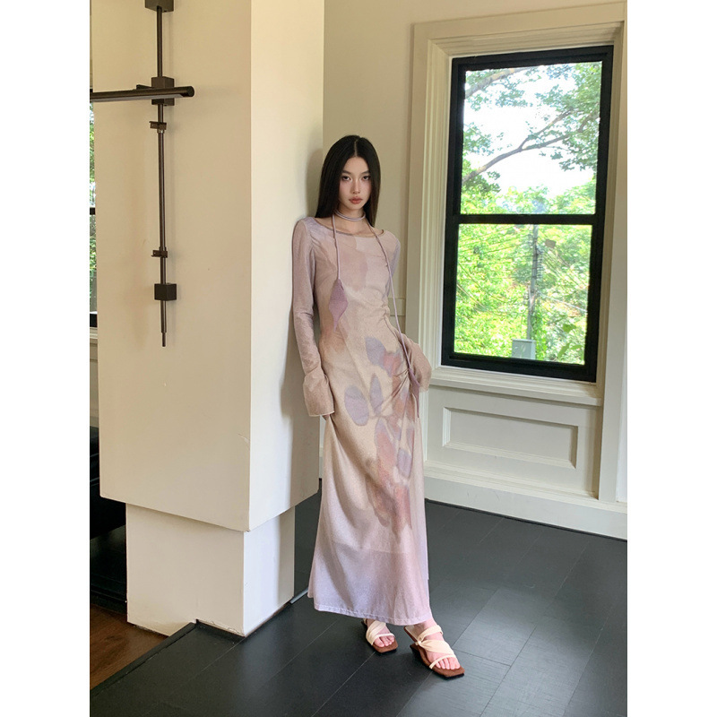 实拍现货现货网纱印花连衣裙女春夏显瘦长裙|undefined
