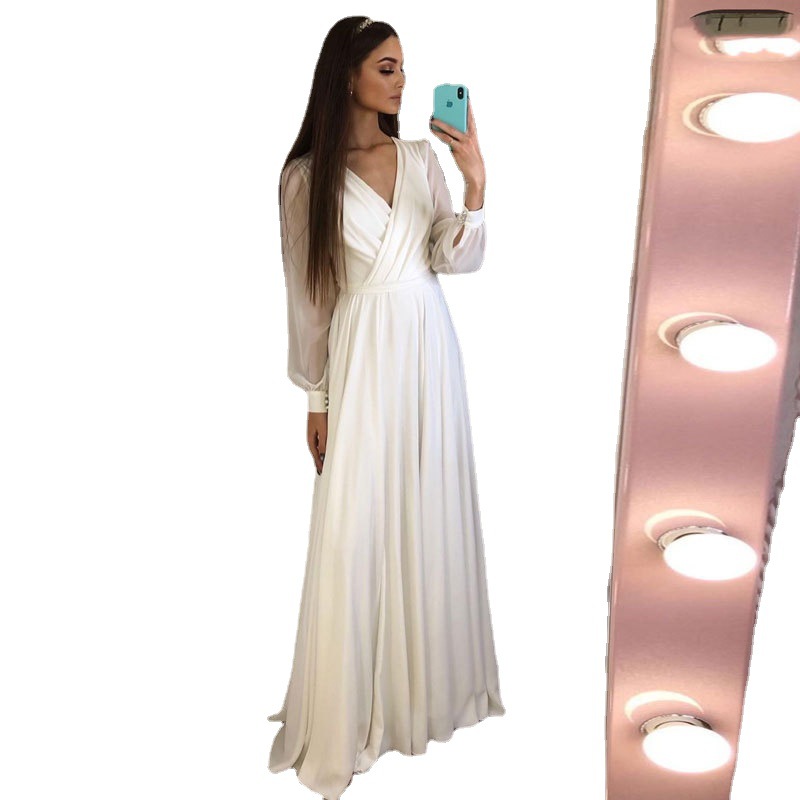 El Comercio exterior europeo y americano Amazon AliExpress deseo elegante vestido de novia ligero con cuello en V gasa dividida manga larga simple vestido largo image 4