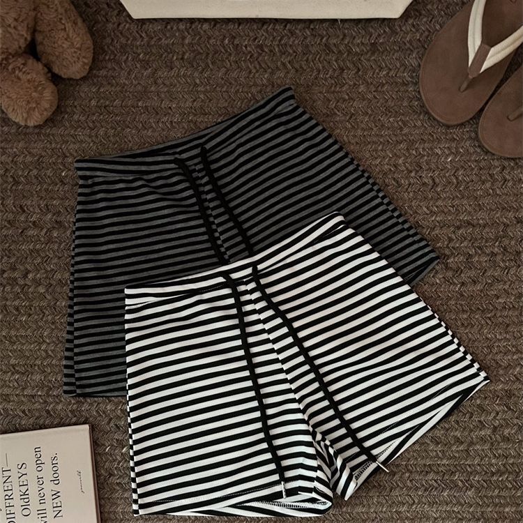 Elastic Waist Straight-Leg A-Line Yoga Sports Shorts for Women, Summer Wear, Lazy Style, Casual, Slimming Striped Hot Pants