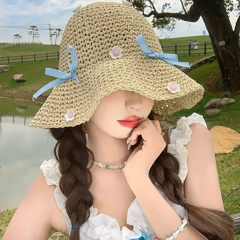 日系小清新花朵草帽女夏季透气防晒渔夫帽海边度假蝴蝶结遮阳帽子
