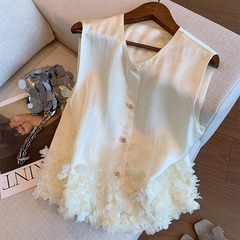 小香风醋酸缎面无袖上衣女夏新款设计感时尚气质下摆立体花瓣马甲