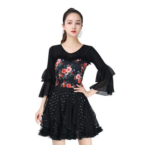 Square dance costume mesh mid-sleeve diamond-encrusted sailor dance costume jitterbug top internet celebrity new dance costume mesh