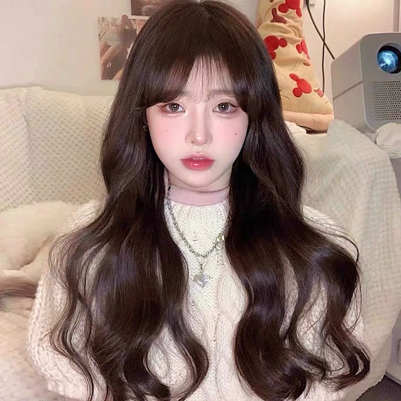 Trendy Long Wavy Synthetic Wig With Airy Bangs Natural Looking Realistic Voluminous Clip-in For Daily Use_voghion.com