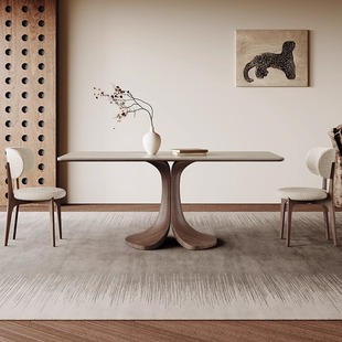 Matte Cave Stone Rock Plate Dining Table and Chair Modern Simple Walnut Color Full Base Plate Antique Solid Wood Dining Table Rectangular