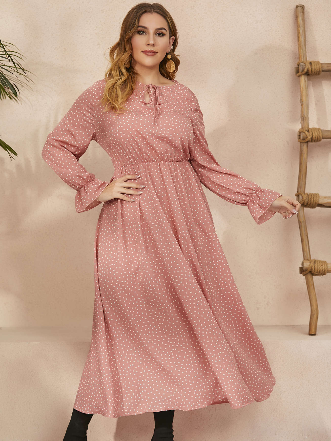 Plus Size Polka-Dot Loose-Fitting Long Sleeve Dress for Women - Ootddress