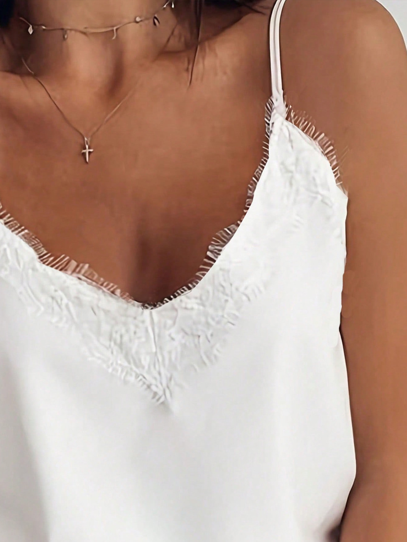 Lace Trim Camisole Top For Women - V-Neck Slip Tank With Eyelet Lace Detail, Oversized Summer Layering Piece_ecoleips.com