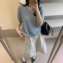 韩系慵懒风V领竖纹设计短袖针织衫女春夏款宽松显瘦百搭上衣