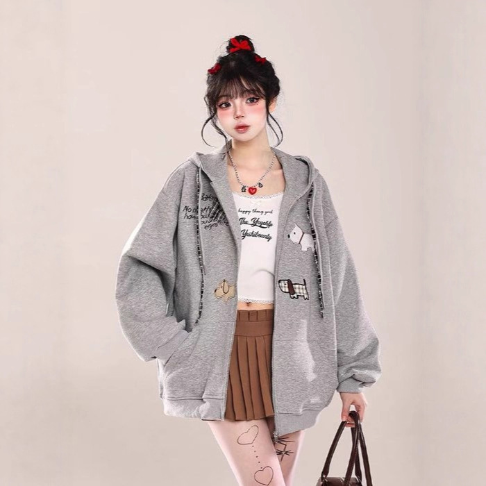 Korean Style Lazy Style Embroidered Cardigan Hooded Sweatshirt for Women in Autum New Style Super Popular Age-Reducing Loose Casual Jacket Korean Style Lazy Style Embroidered Cardigan Hooded Sweatshirt for Women in Autum New Style Super Popular Age-Reducing Loose Casual Jacket