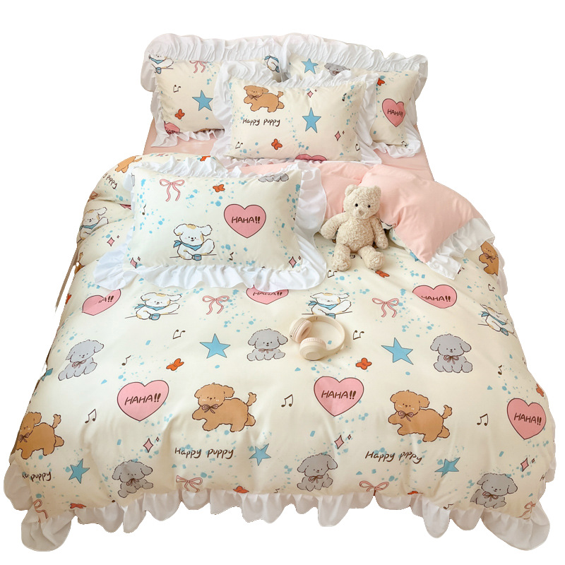 Juego de cama de encaje estilo princesa coreana de cuatro piezas 2025 funda de edredón ropa de cama de tres piezas para estudiantes y niñas