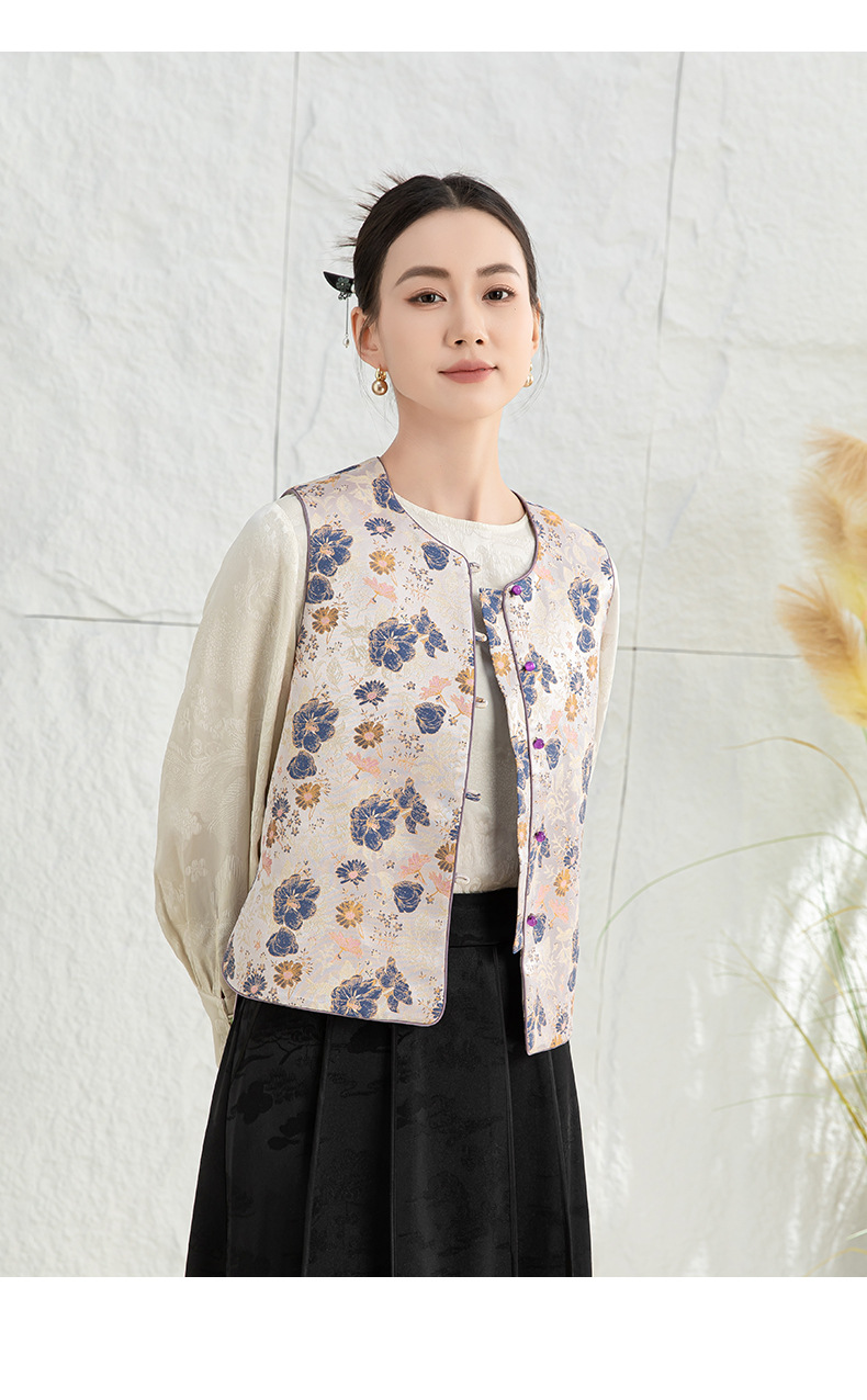 Áo vest cách tân Trung Quốc nữ satin cổ điển, tay loe, khuy cài nút vải — Màu tím sâm panh chi tiết 22