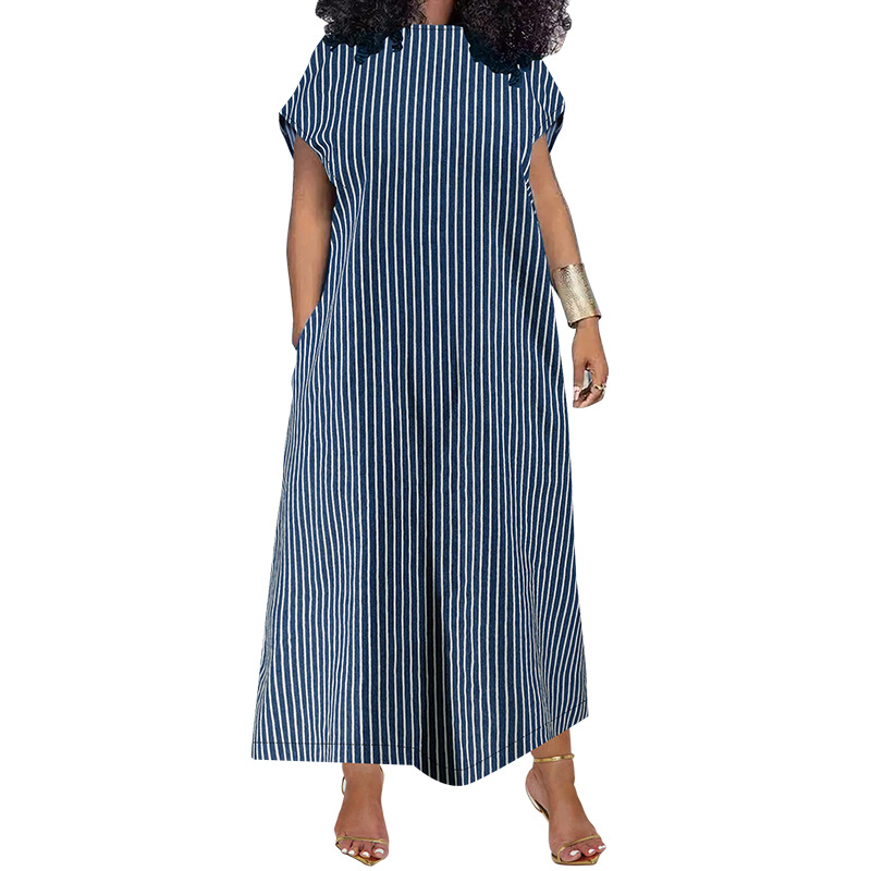 Plus Size Women's Clothing Denim Long Dress Sleeveless Round Neck Striped Pattern_ecoleips.com