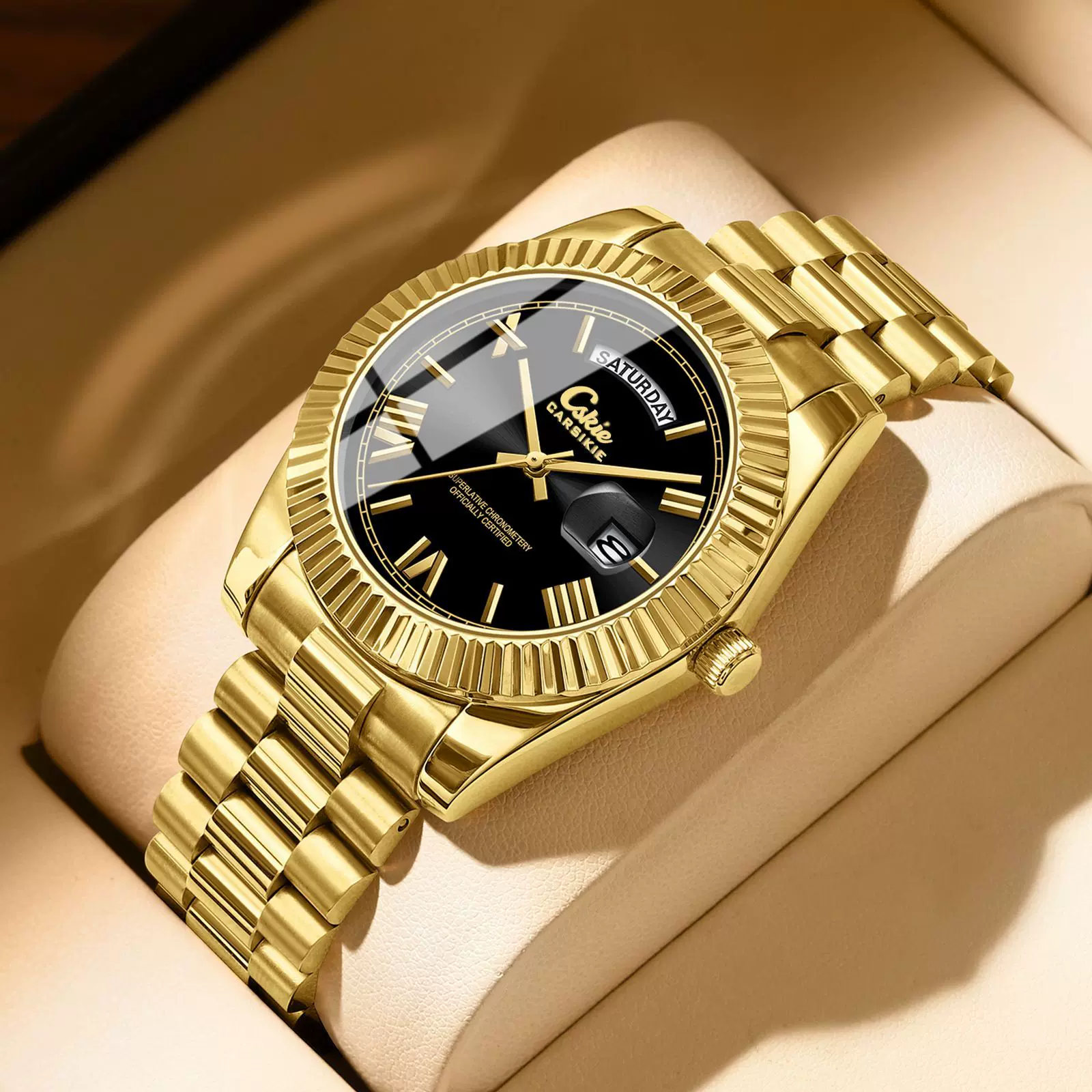 CARSIKIE品牌时尚潮流男士手表外贸实心钢带表冠表盘日志石英腕表
