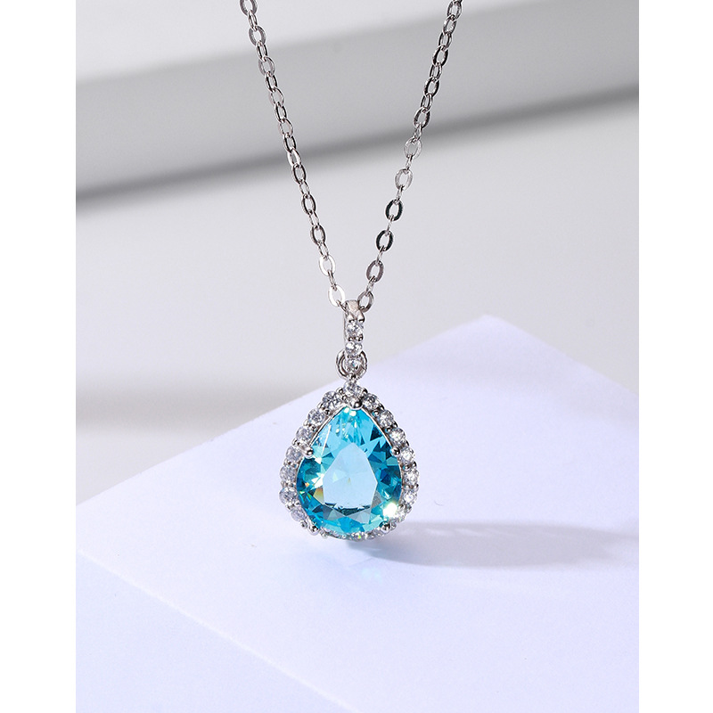 Luz de lujo nicho diseño de alto grado temperamento ZIRCON colgante Cadena de clavícula S925 plata esterlina gota de agua mar azul collar de circonio