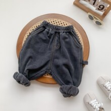 婴幼儿童秋冬季收脚一体绒牛仔裤宝宝加绒外出工装哈伦裤条纹款