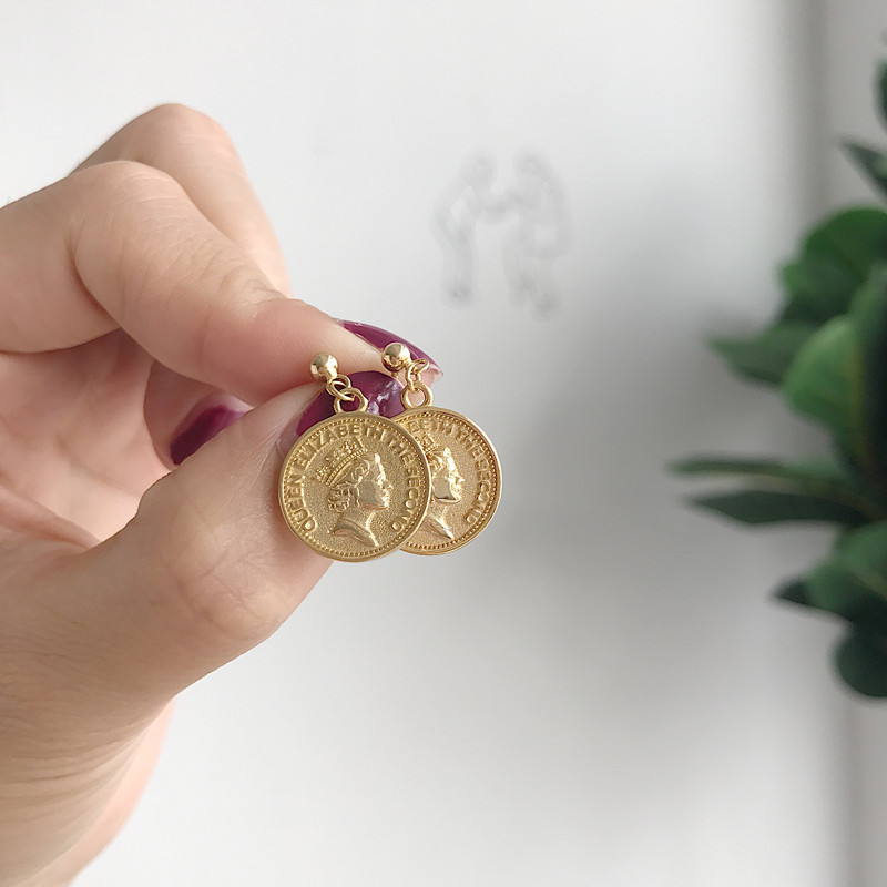 咔诗特 韩国韩版S925纯银 时尚个性气质金色一美分钱币耳钉耳饰女