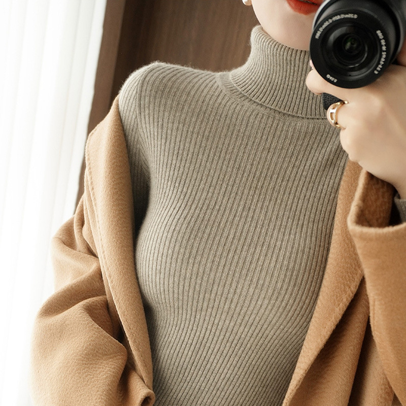 Korean Style 2025 Autumn and Winter New High Collar Slim Thick Knit Sweater Solid Color Wool Base Shirt Sweater for Women Wholesale
