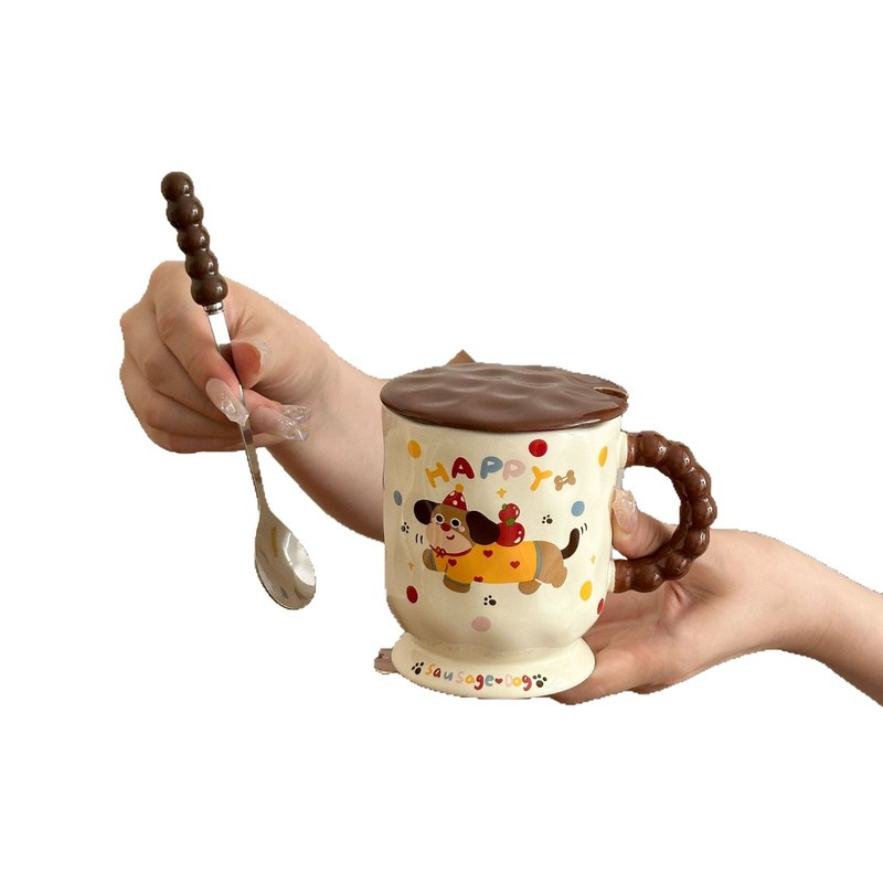 かわいいダックスフントセラミックマグ蓋スプーン付き家庭用飲料朝食コーヒーミルクカップ実用的な誕生日プレゼント|undefined