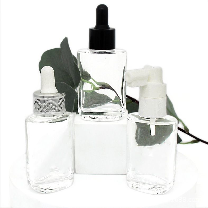 新款30ML化妆品圆肩扁形玻璃瓶 精华液瓶 精油瓶护肤品分装原液瓶