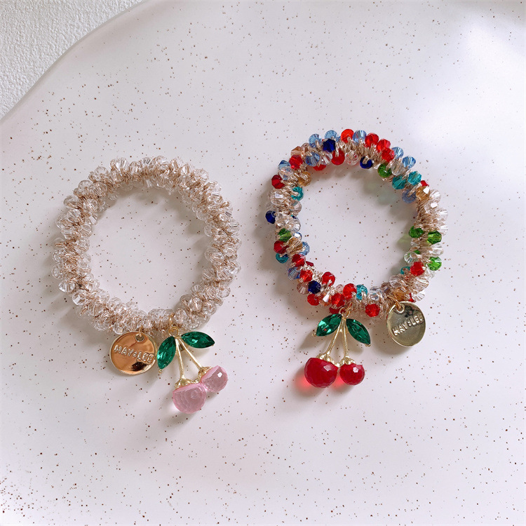 Sweet Girl Color Crystal Cherry Water Diamond Hair Ring for Girls to Send Girlfriend Bracelet Dual-purpose Payon Rubber Tendon Head Rope