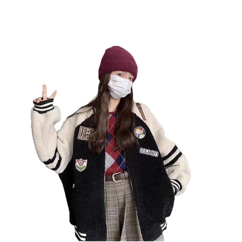 春秋加厚韩版羊羔绒冬季拼接羊羔毛外套女保暖情侣棒球服学院风|undefined