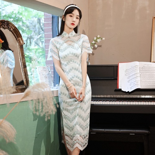 Lace Chinese dress retro oriental cheongsam dress qipao for women wedding party car model miss etiquette show dress for lady