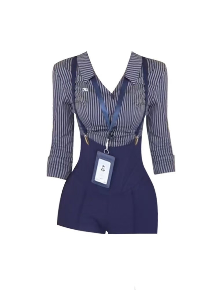 Secretary Roleplay Two-Piece Costume Set with Striped Shirt and Suspender Shorts — detail image 5