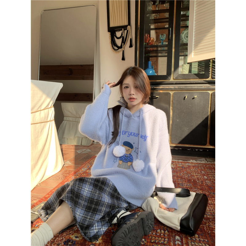 플러스 사이즈 게으른 대학 스타일 모피 볼 후드 스웨터 격자 모직 스커트 JK 세트 여성 트렌디