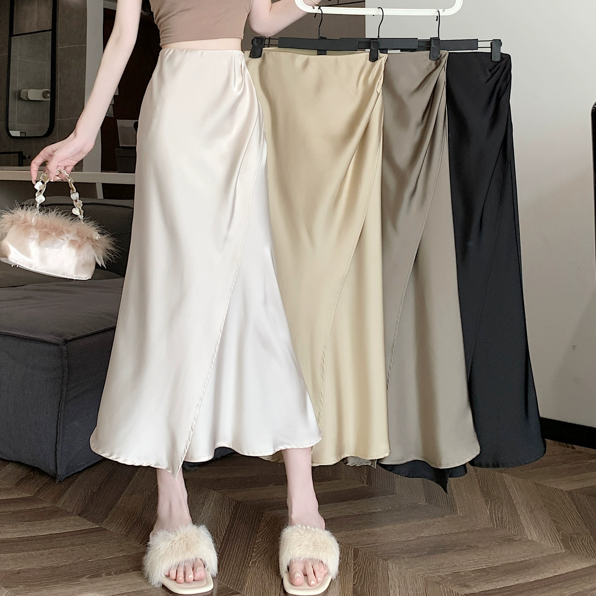 Летняя женская юбка-рыбка из ацетатного шелка и атласа, юбка-трапеция с завышенной талией, облегающая бедра, асимметричная юбка