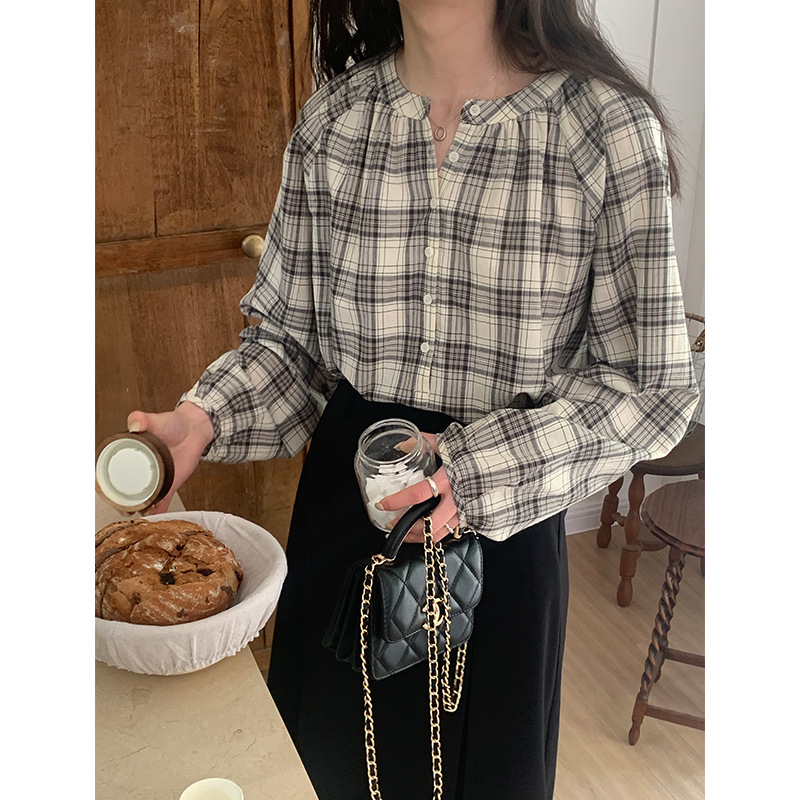 2025 New Autumn Clothing Women's Round Neck Long-Sleeved Pullover Tops Korean Style Casual Loose Plaid Shirts for Women